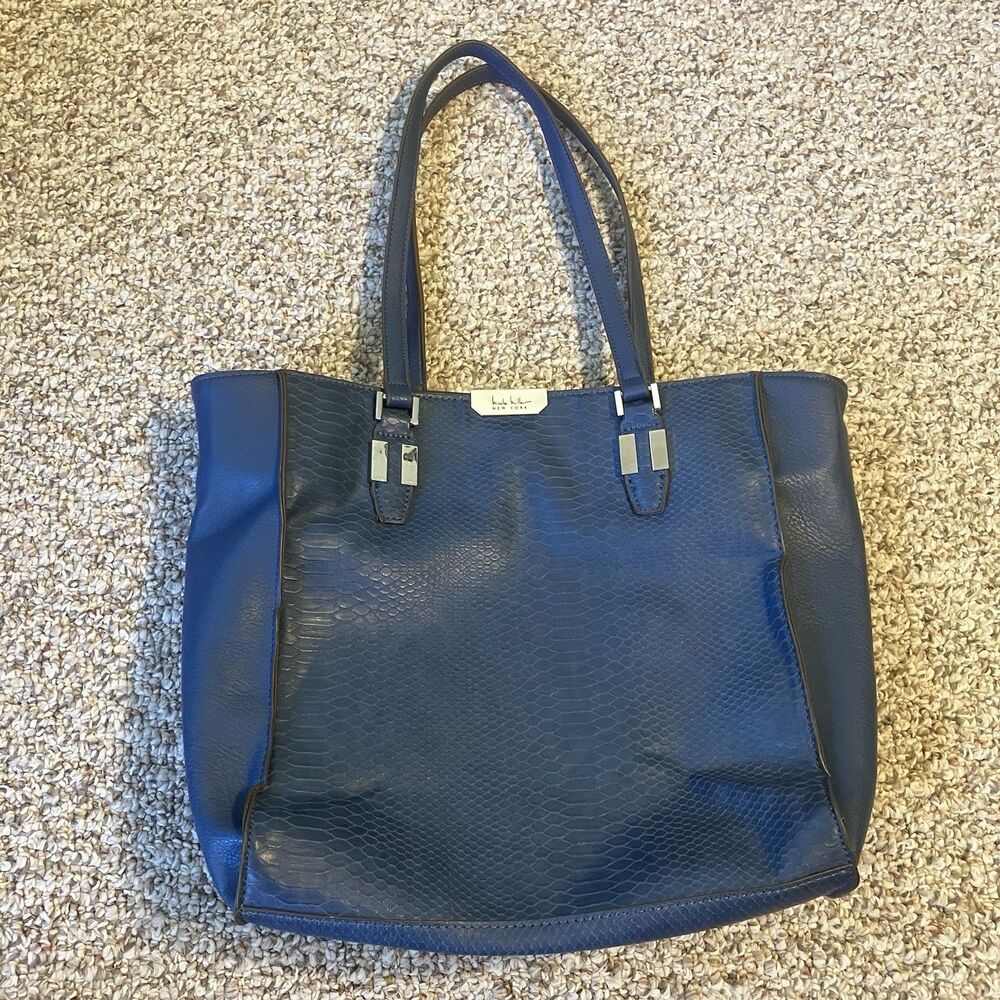 Nicole Miller Shoulder Bag Tote Blue Faux Leather Snake Animal Print Preppy Boho